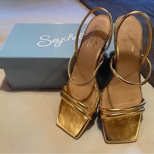 Seychelles Gold Metallic Strappy Square-Toe Heels
